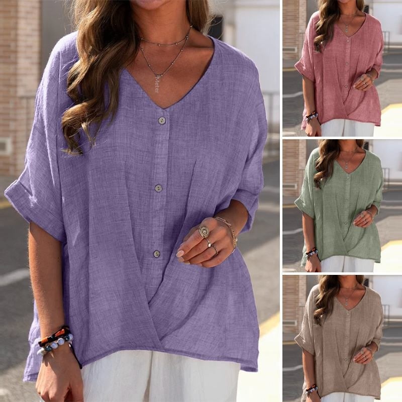 V-ausschnitt Damen Bluse Aus Baumwoll-leinen Locker Lässig_voghion.com
