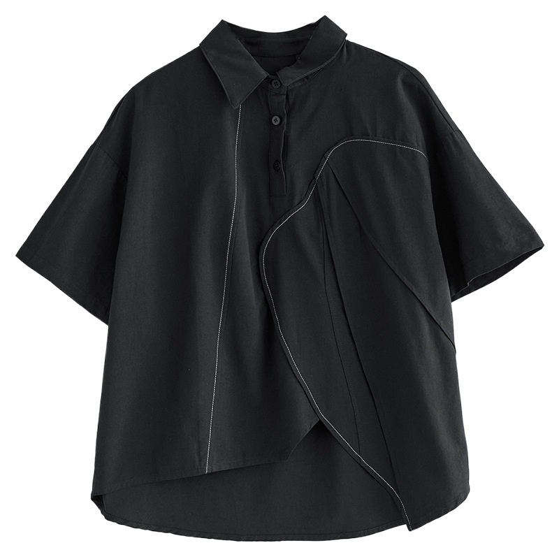 Real Shot Of 2024 Summer Korean-style Loose-fitting Irregular Niche Shirt, Solid Color Casual Design Shirt_voghion.com