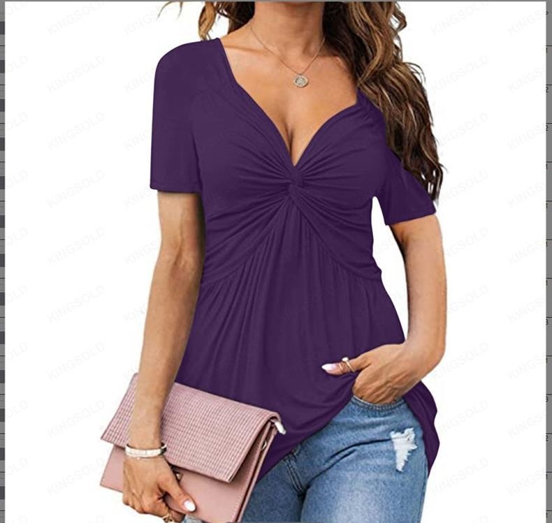 Elegantes Damen T-shirt Mit V-ausschnitt Und Front-twist Kurzarm_voghion.com