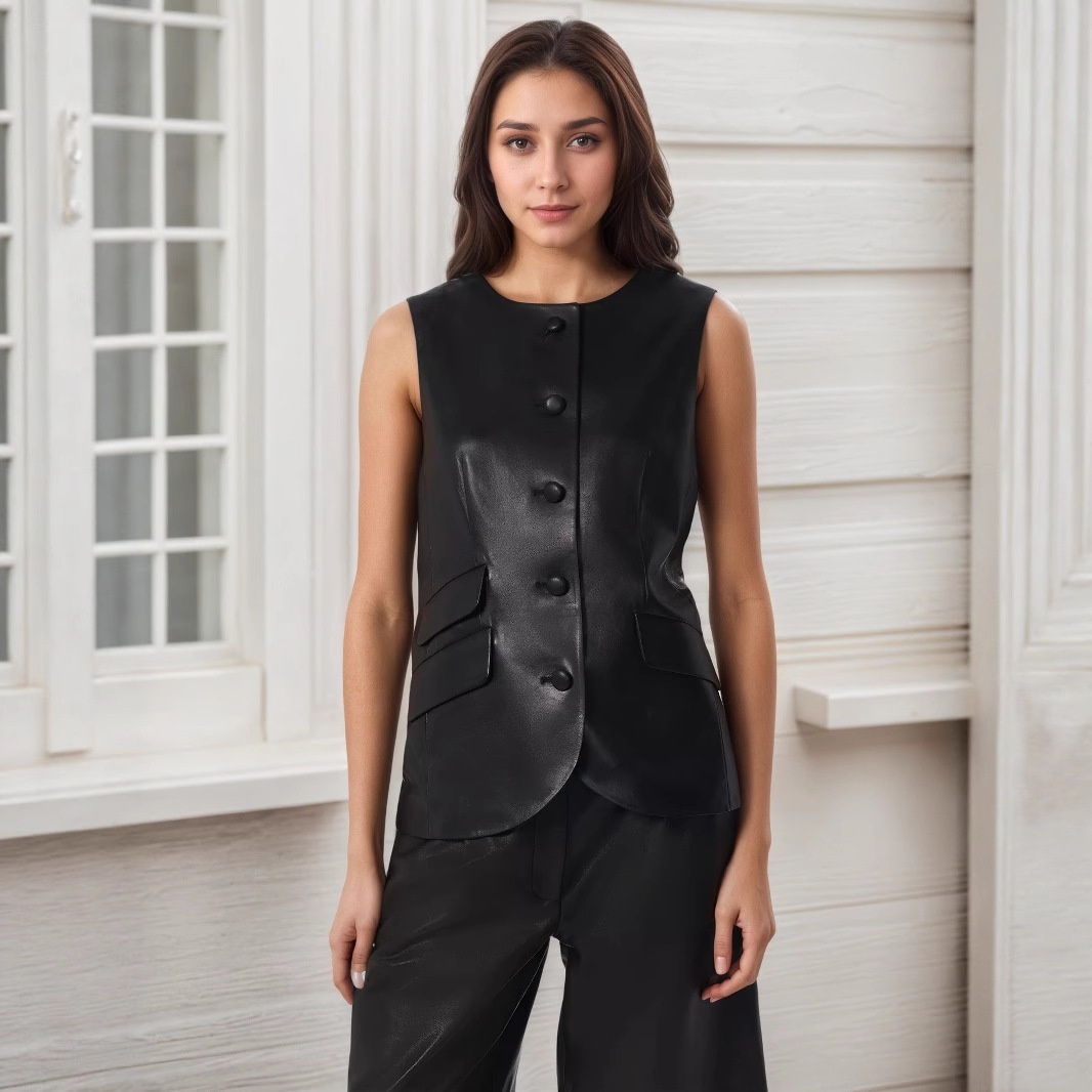 Damväst i svart konstläder med elegant design_voghion.com