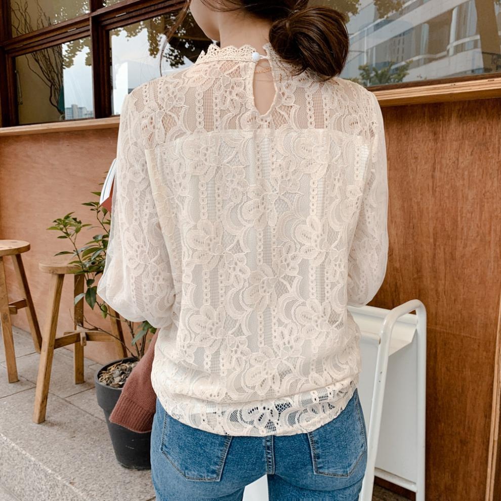 White Lace Blouse With Lantern Sleeves Korean Style Elegant Top_voghion.com