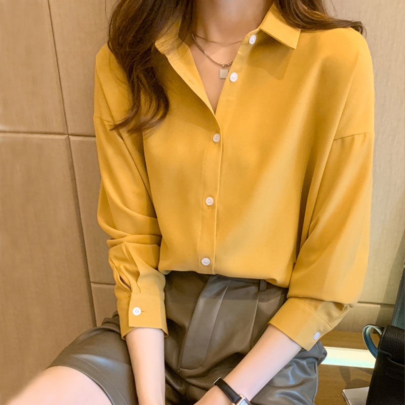 Spring And Autumn Loose Plus Size Solid Color Chiffon Blouse Women's Korean Casual Ins Hong Kong Style Long Sleeve Base_voghion.com