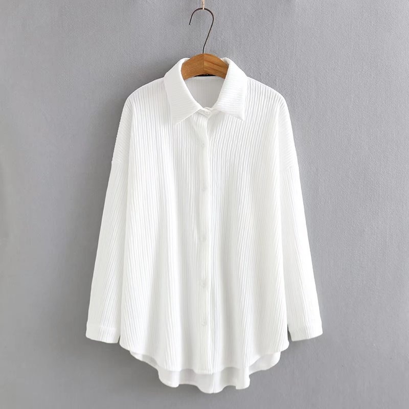 Plus-Size-Damenbluse im koreanischen Stil, Frühjahr 2025, lässig, mit Knittereffekt, einfarbig, langärmlig, Z47 836_voghion.com