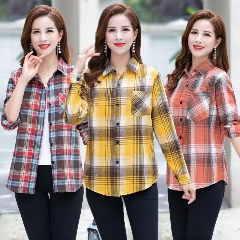 Middle-aged And Elderly Long-sleeve Shirt, 2026 Spring New Style, Korean-style Loose-fitting Collared Plaid Women's_voghion.com