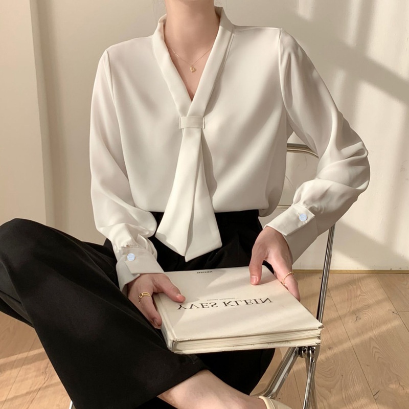 CS163 - Camicia da donna taglie forti, ampia, stile coreano, a maniche lunghe, in chiffon, con cravatta, base professionale_voghion.com