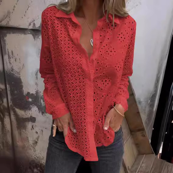 Nuova camicia transfrontaliera europea e americana, top da donna alla moda con stampa traforata, bottoni e rete, primavera/estate._voghion.com