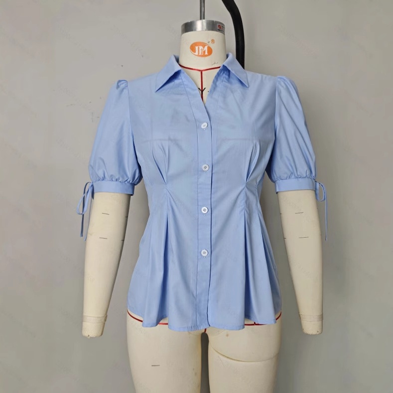 Camicia da donna stile europeo-americano, modello slim-fit a trapezio, con maniche corte, polsini da annodare e design a pieghe, ideale per la primavera/estate._voghion.com