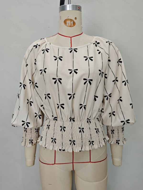 Damen Bluse Mit Print Geraffter Taille Und Laternenärmeln_voghion.com
