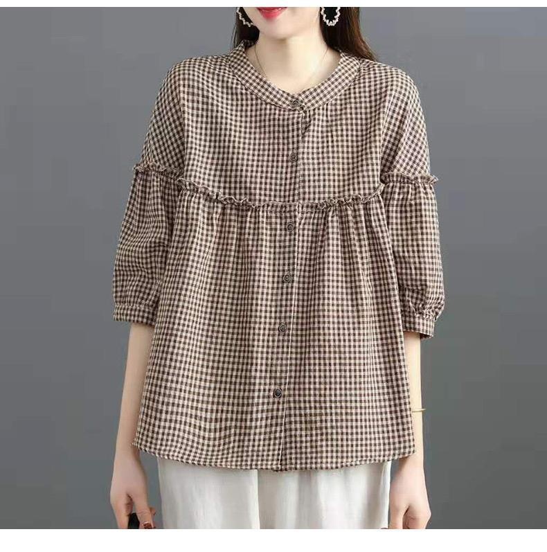 Blusa mujer estilo coreano efecto lino manga tres cuartos_voghion.com