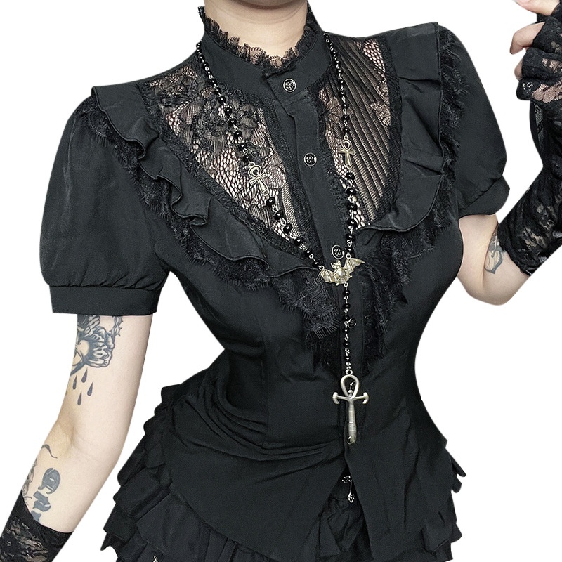 CF25145 Lace Hollow Short Sleeve Top Subculture Summer New Sexy Hot Girl Slim Fit Versatile Women's Shirt_voghion.com