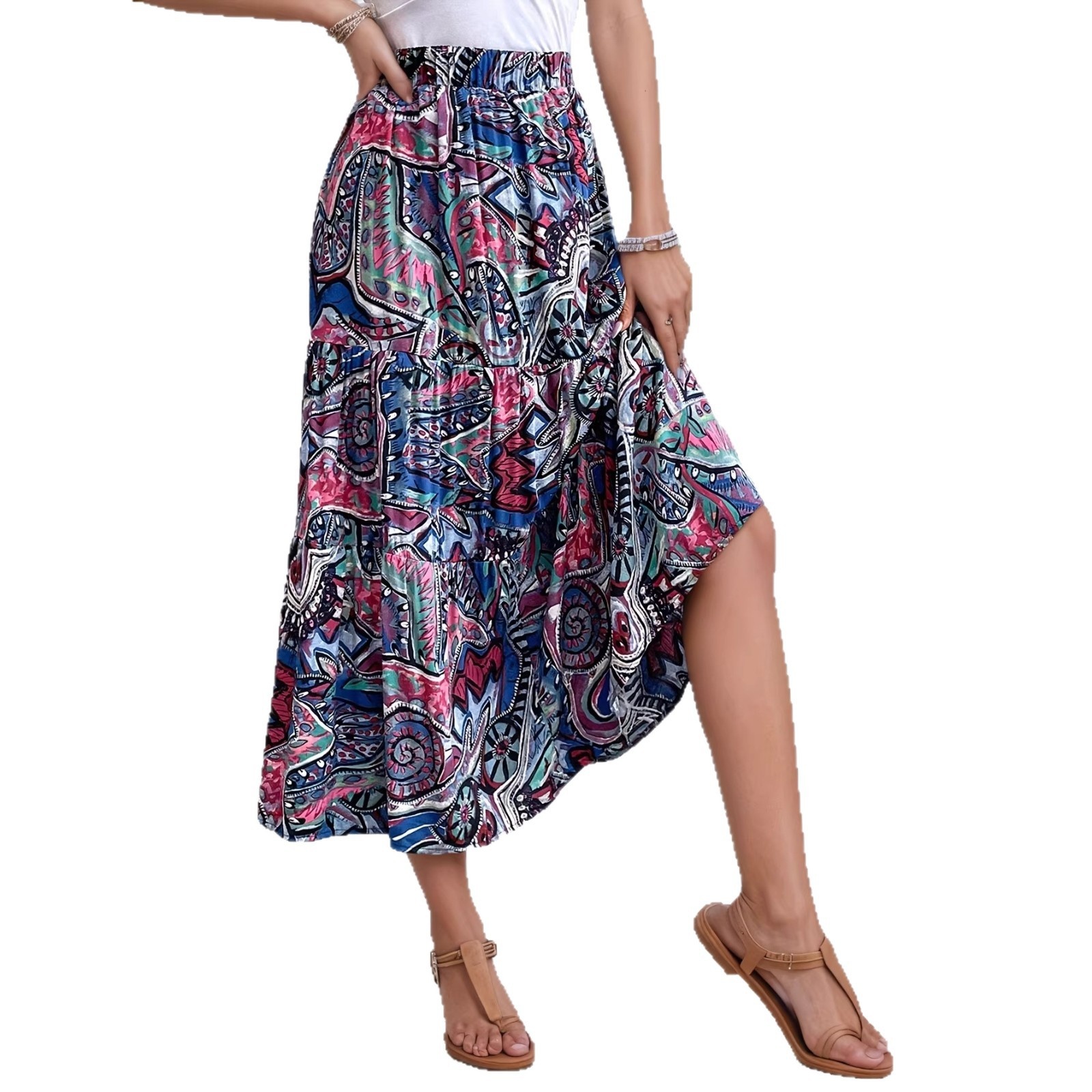 European And American Fashion Foreign Trade, Casual Spring-summer Stylish Women's Blue Floral Print Ruffled A-line_voghion.com