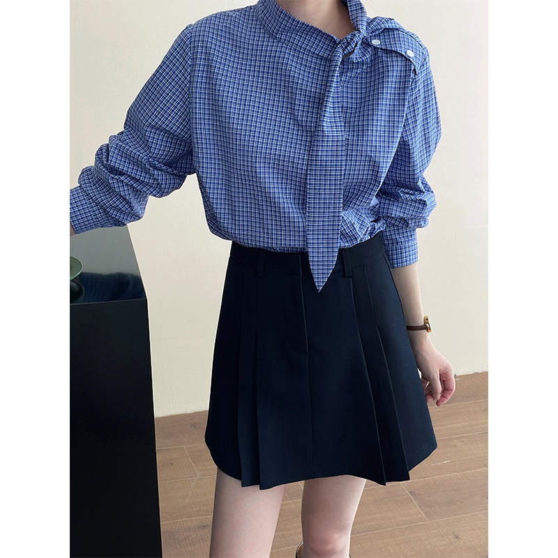 Camicia a maniche lunghe da donna Taochuan in 100% cotone a quadri blu con lacci, autunno 2024, elegante e comoda, modello 2623._voghion.com