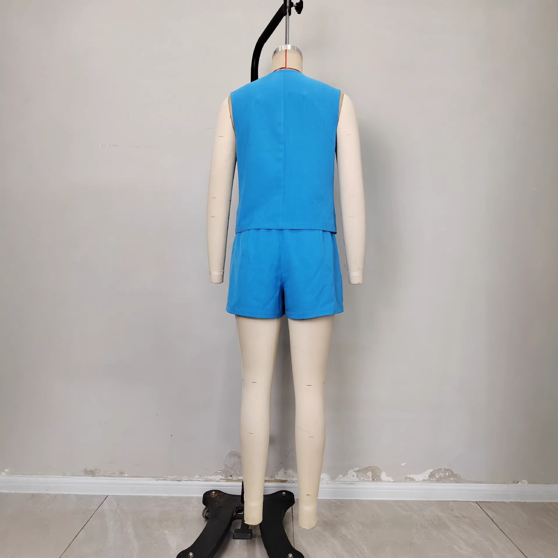 Cross-border Independent Site Wish Women's Simple Stylish Solid Color Buttoned Sleeveless Blazer Vest And Shorts_voghion.com