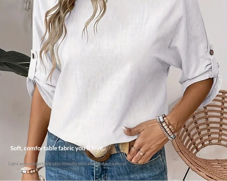 Chemise femme unie à col rond, design simple et tendance, élégante et polyvalente, à porter au quotidien._voghion.com
