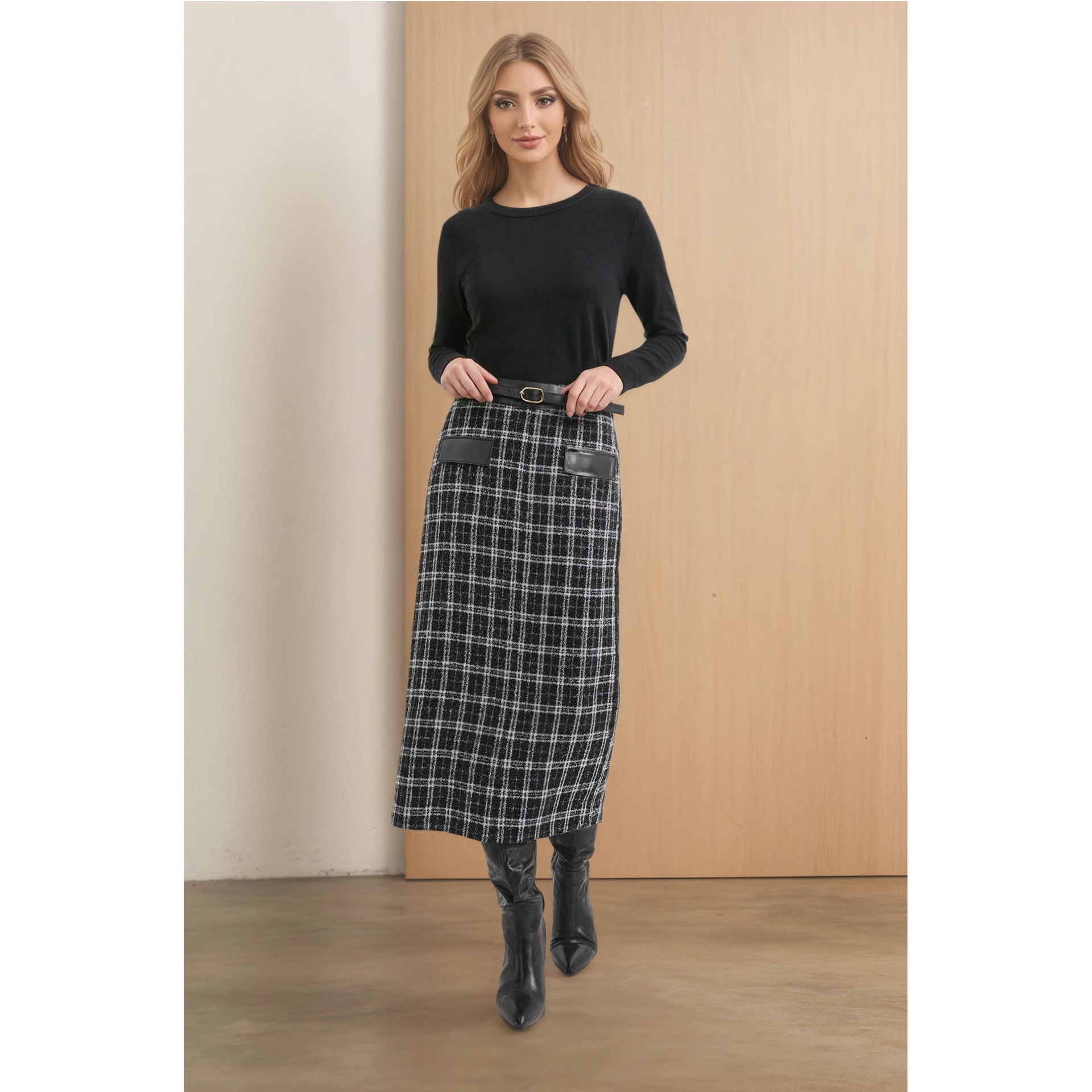 Stylish 2026 Spring Autumn New High-Waisted Fashionable Retro Plaid Long Skirt With PU Leather And Knit Splicing_voghion.com