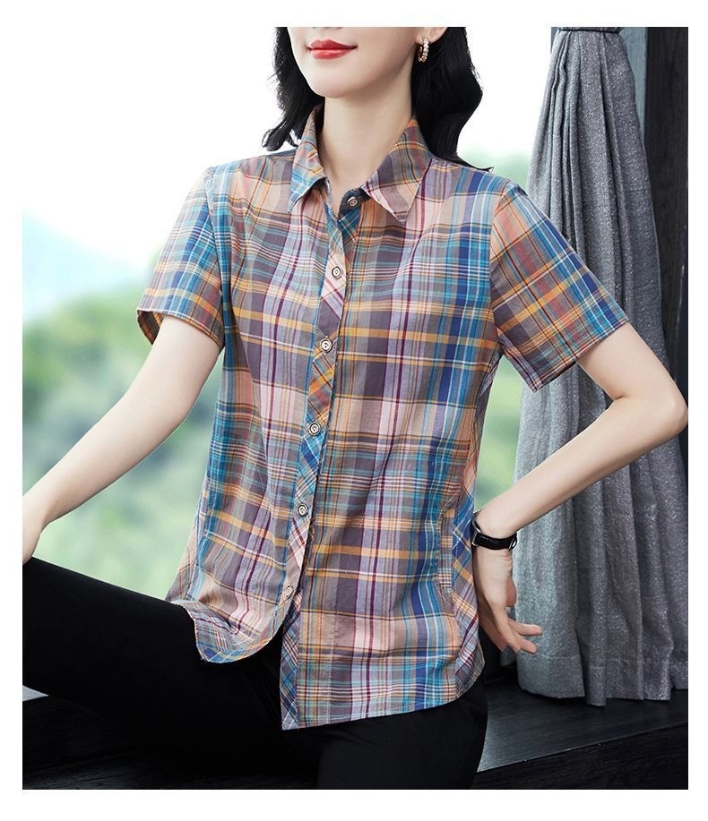 Damen Bluse Mit Klassischem Karomuster Kurzärmliges Oberteil_voghion.com
