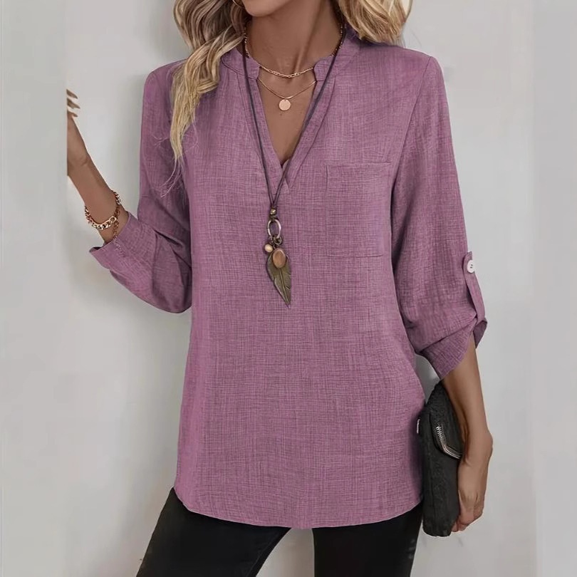 2025 Spring/Summer European And American Cross-Border Trade New Women's Casual Loose Plus-Size V-Neck Solid Color Shirt_voghion.com