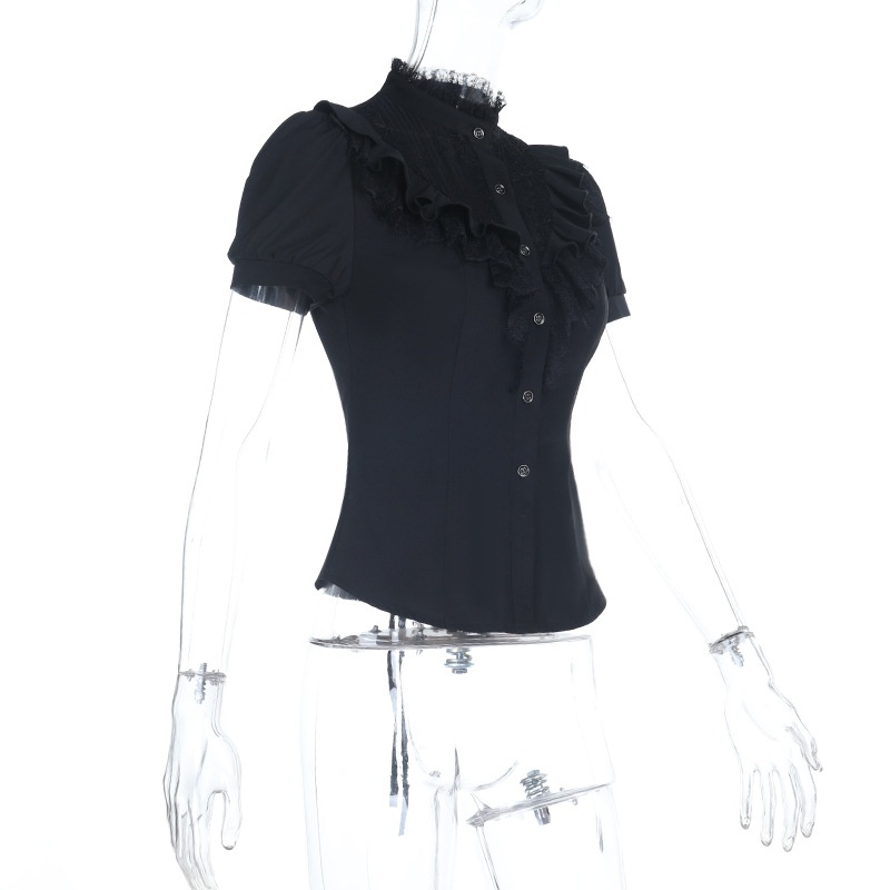 Dam spetsblus med kort ärm somrig slim fit topp_voghion.com