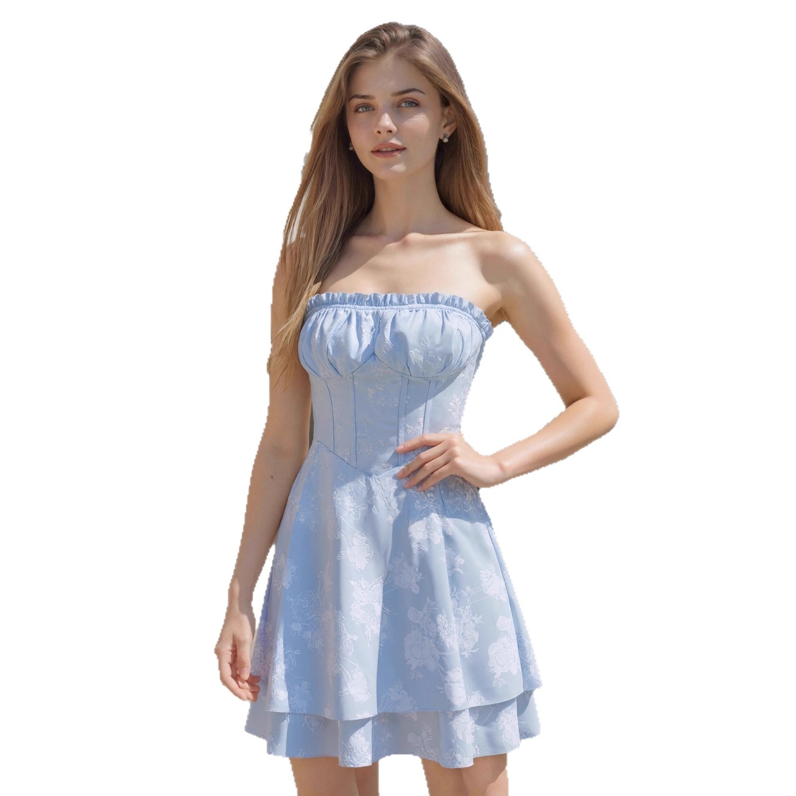 Nuevo vestido de princesa estilo europeo americano con top palabra de honor y fruncido, elegante y moderno vestido de satén para verano._voghion.com