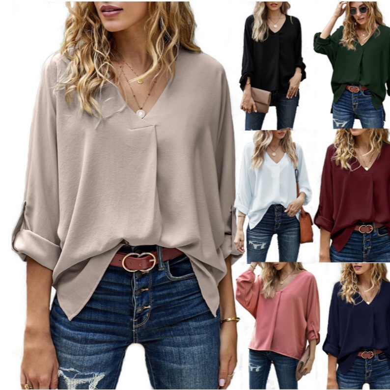 Cross-border European And American Chiffon 2023 Spring/summer Sexy V-neck Loose Plus-size Shirt Fashionable_voghion.com
