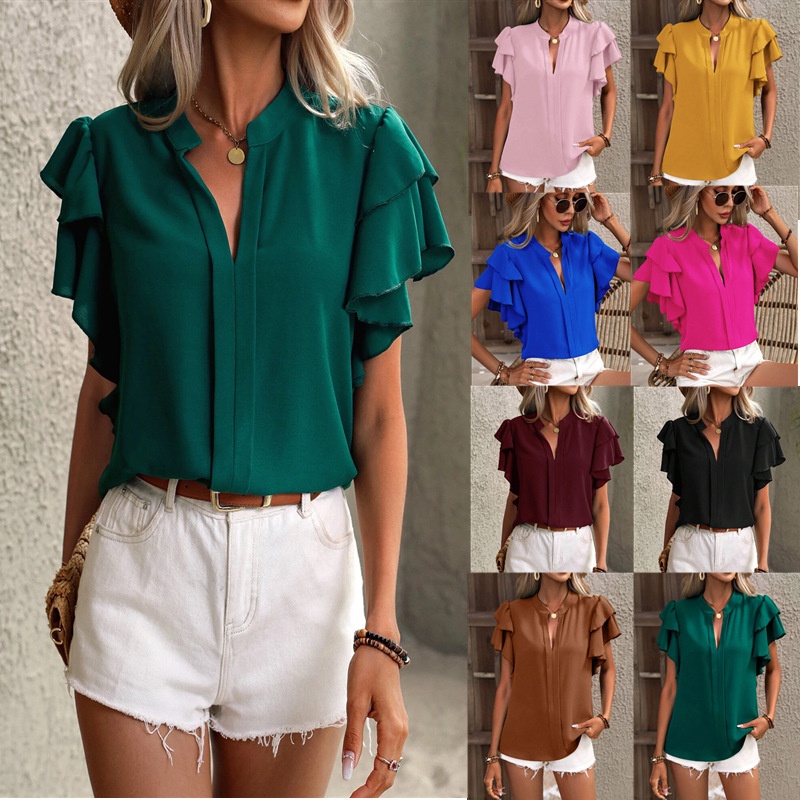 2025 European And American Cross-border Women's Clothing Summer New V-neck Casual Double-layer Ruffle Sleeve_voghion.com