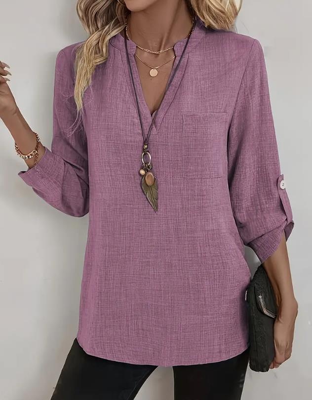 Women's V-neck Loose Blouse Casual Plus Size Solid Colour Shirt_voghion.com