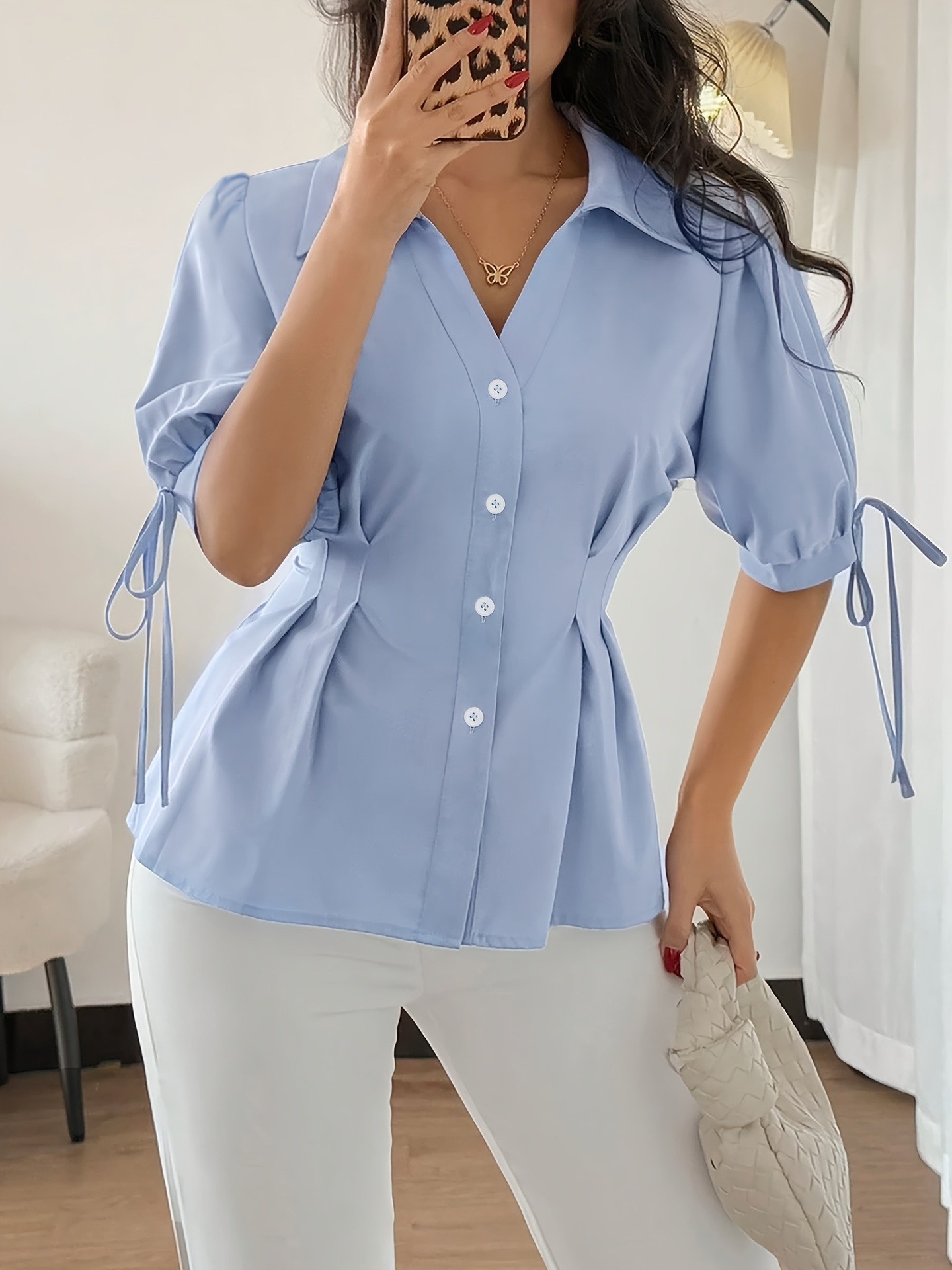Blusa elegante da donna a maniche corte con design a pieghe_voghion.com