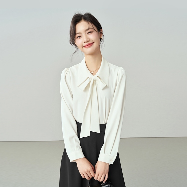 Camicia da donna in chiffon a maniche corte con fiocco, per abbigliamento professionale, bianca, con interno superiore, per colloqui_voghion.com