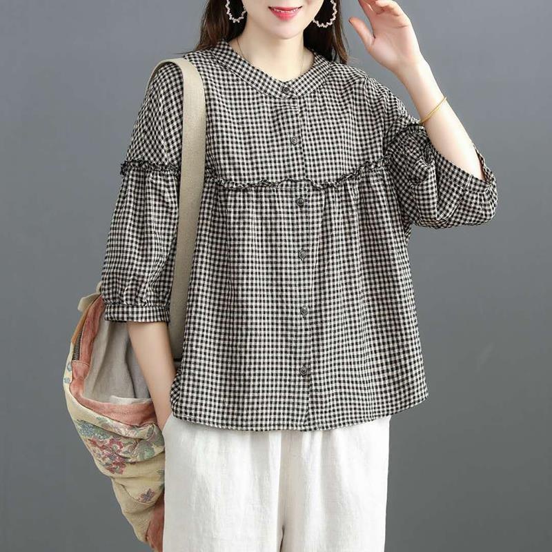 Camisa versátil de talla grande, estilo coreano, 2025, nueva, de lino similar al algodón para mujer, manga tres cuartos, estilo casual holgado._voghion.com