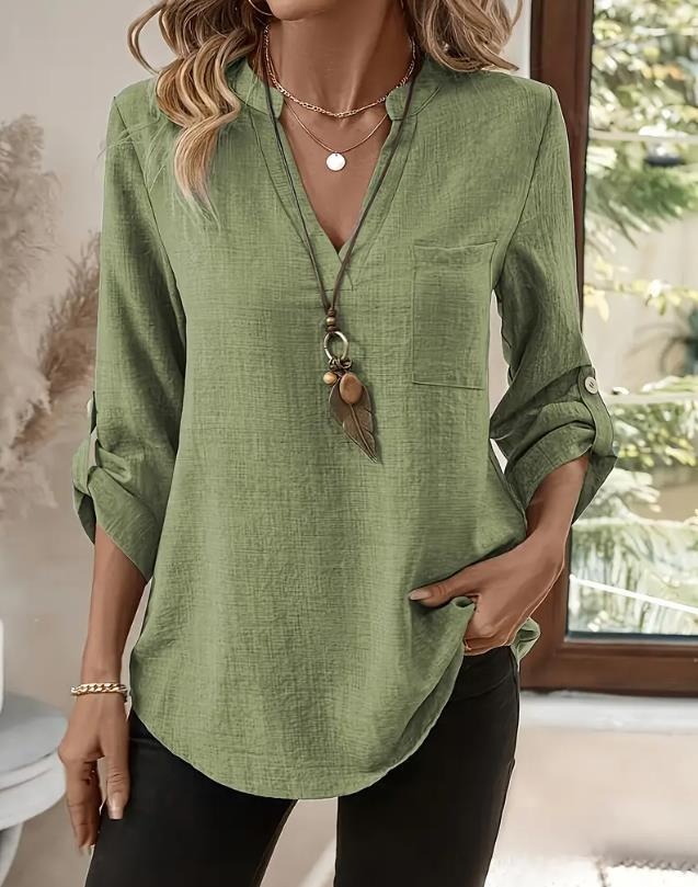 Women's V-neck Loose Blouse Casual Plus Size Solid Colour Shirt_voghion.com