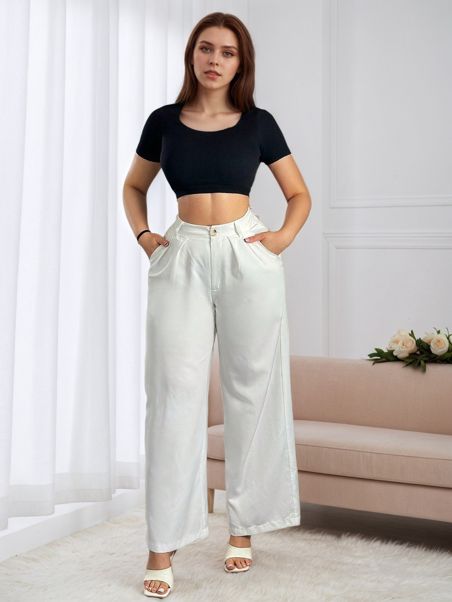 Women's High Waisted Wide Leg Pants Solid Colour Drapey Trousers_voghion.com