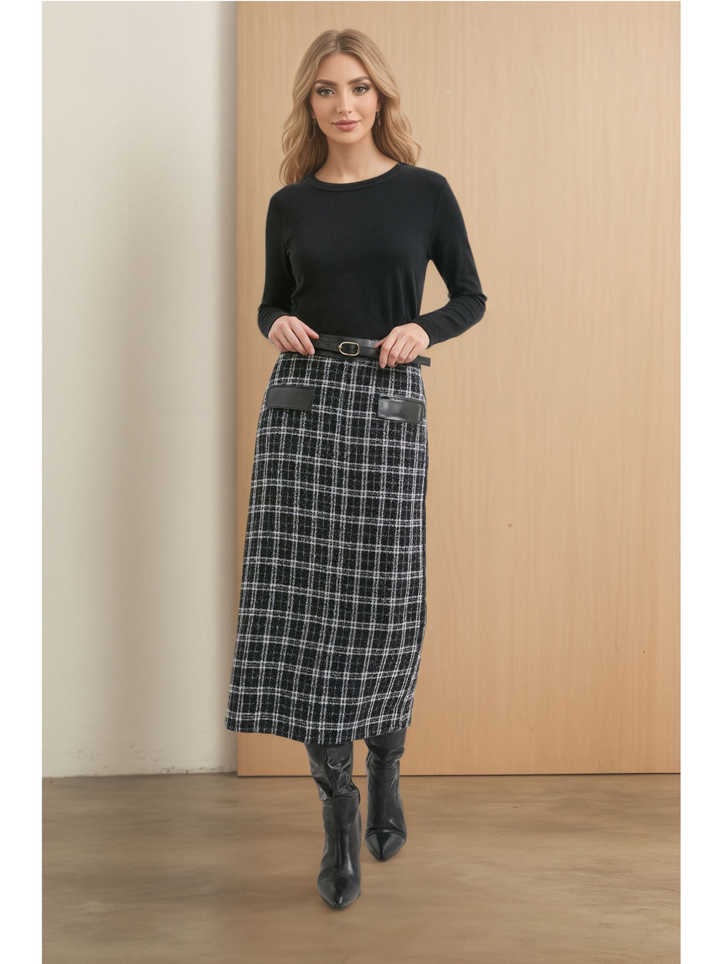 Stilren retro rutig lång kjol med konstläder och stickat_voghion.com