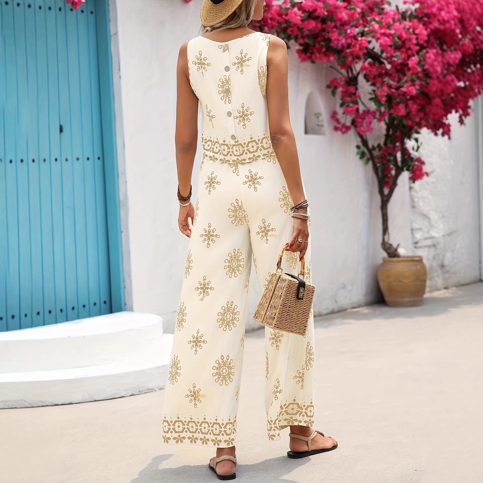 Conjunto de duas peças: colete estampado com botões, cintura elástica e calça pantalona. Nova coleção Primavera/Verão 2026 (Europa e América)._voghion.com