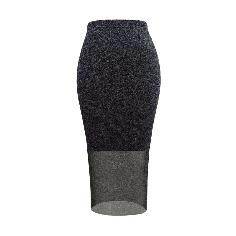 Abito elegante da donna euro-americana, in maglia elasticizzata trasparente con inserti in rete oro e argento, perfetto per feste e occasioni romantiche._voghion.com
