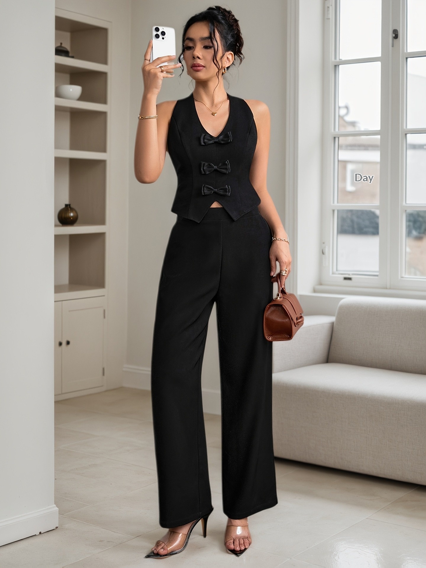 Dam lounge jumpsuit med väst fluga och långbyxor set_voghion.com