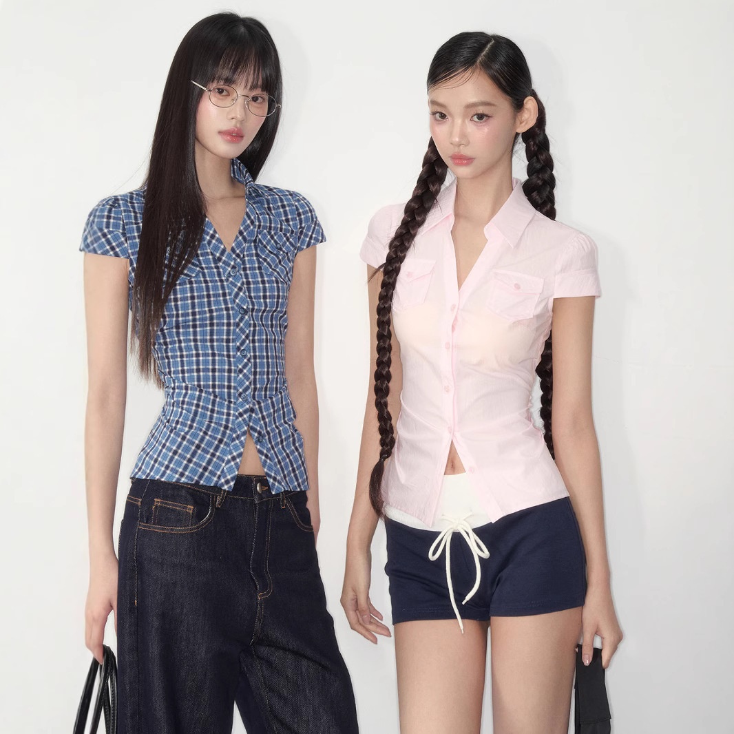 Camicia a maniche corte con taschino, stile coreano, modellante in vita, per donna, top snellente estivo in stile Pure Desire._voghion.com