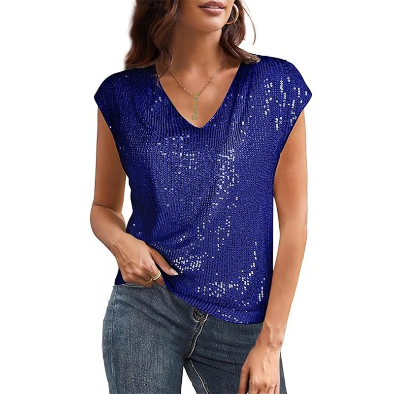2025 European And American Foreign Trade Cross-Border Independent Station V-Neck Sequin Short Sleeve Women's_voghion.com