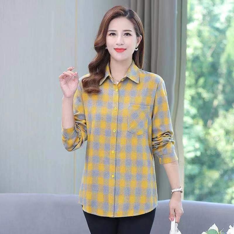 Middle-aged And Elderly Long-sleeve Shirt, 2026 Spring New Style, Korean-style Loose-fitting Collared Plaid Women's_voghion.com
