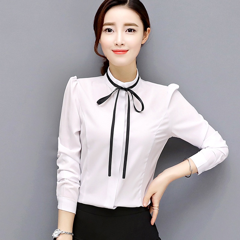 Camicia da donna professionale a maniche lunghe con colletto alto e papillon, stile autunnale, maniche a sbuffo, vestibilità slim._voghion.com