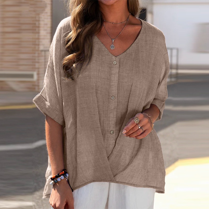 V-ausschnitt Damen Bluse Aus Baumwoll-leinen Locker Lässig_voghion.com