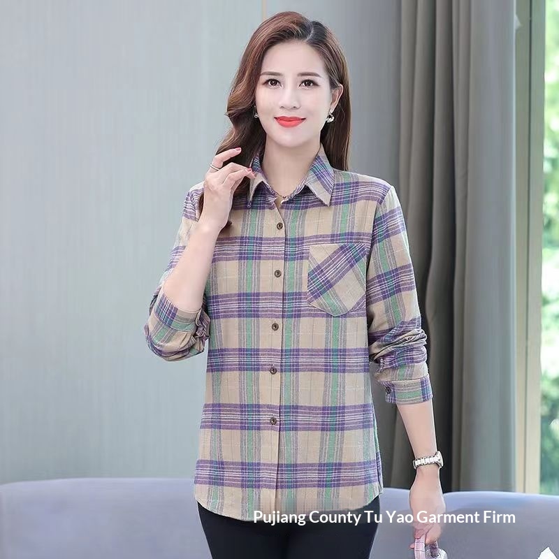 Women's Long-sleeve Plaid Blouse For Middle-aged And Elderly Women_voghion.com