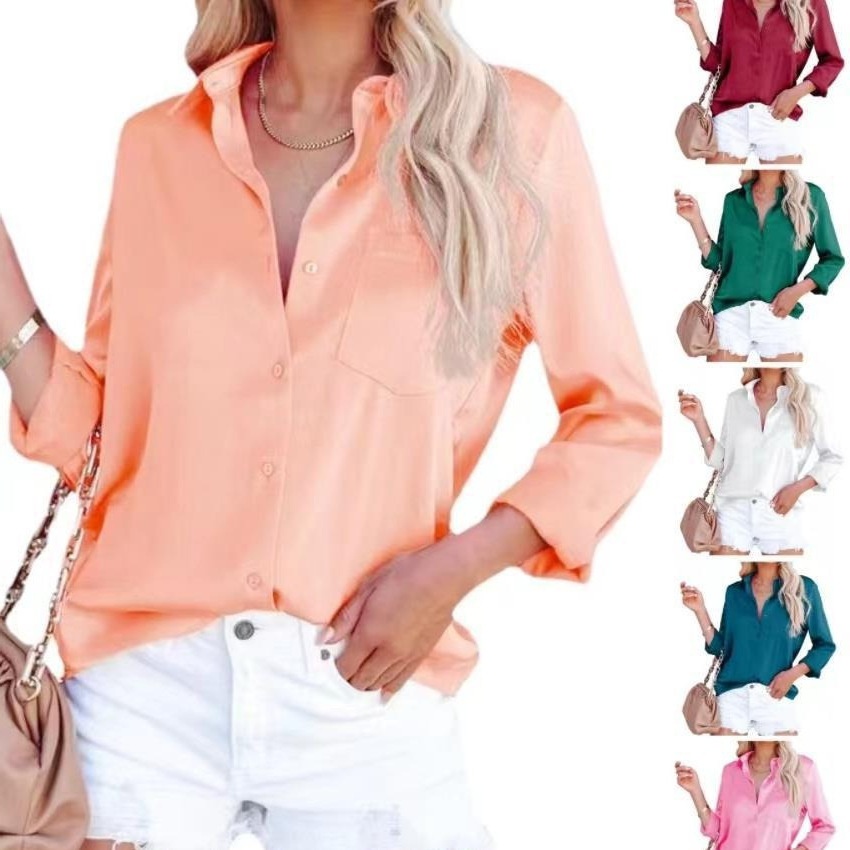 Camicia da ufficio a maniche lunghe con scollo a V in raso, nuova collezione primavera 2026, disponibile in magazzino. Abbigliamento donna europeo e americano, primavera 2026. Disponibile._voghion.com