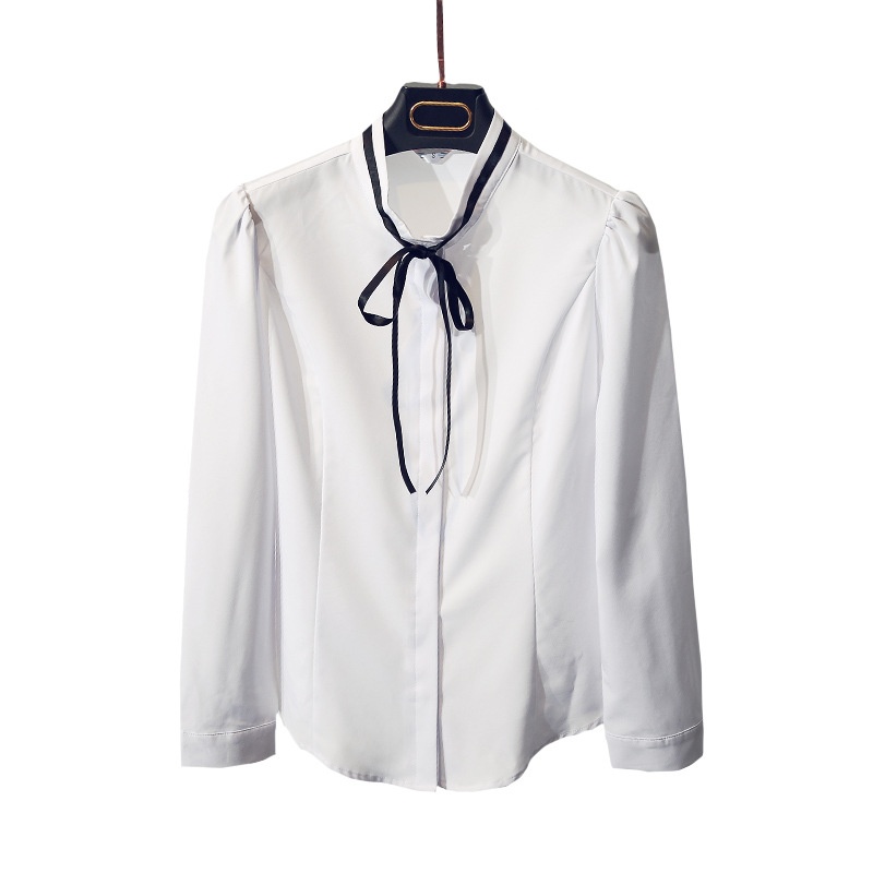 Camicia da donna professionale a maniche lunghe con colletto alto e papillon, stile autunnale, maniche a sbuffo, vestibilità slim._voghion.com