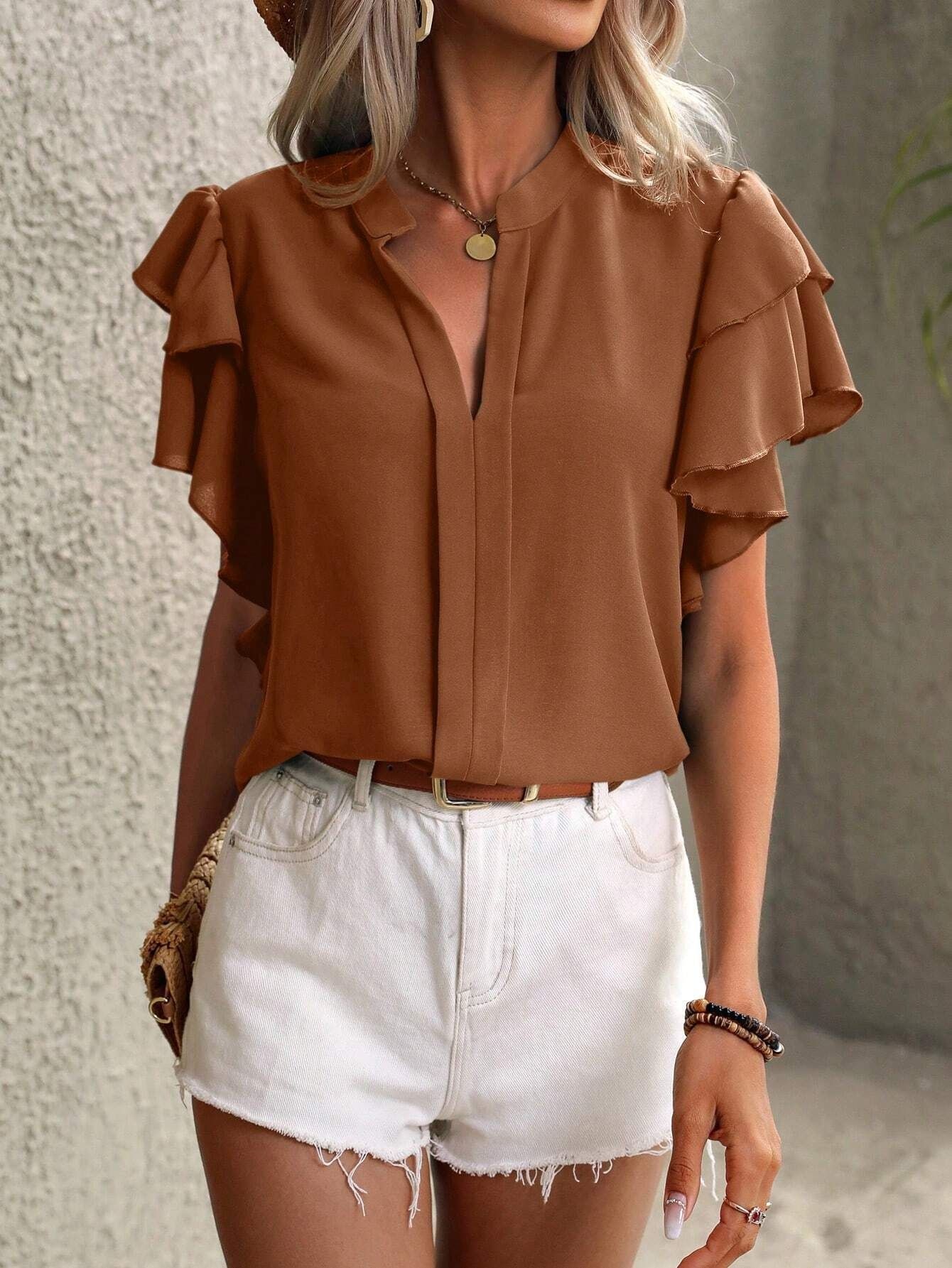 Women's V-neck Blouse With Ruffle Sleeves Summer Casual Style_voghion.com