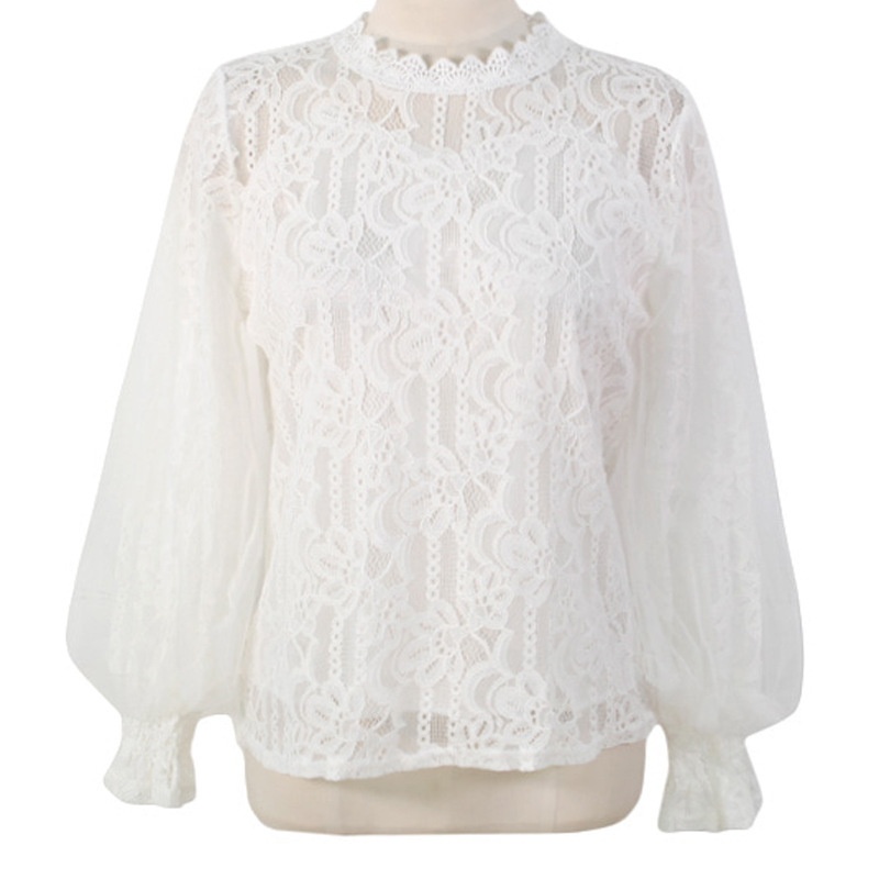 2025 New White Korean Style Loose Long Mesh Lantern Sleeve Lace Base Shirt Women's Blouse_voghion.com