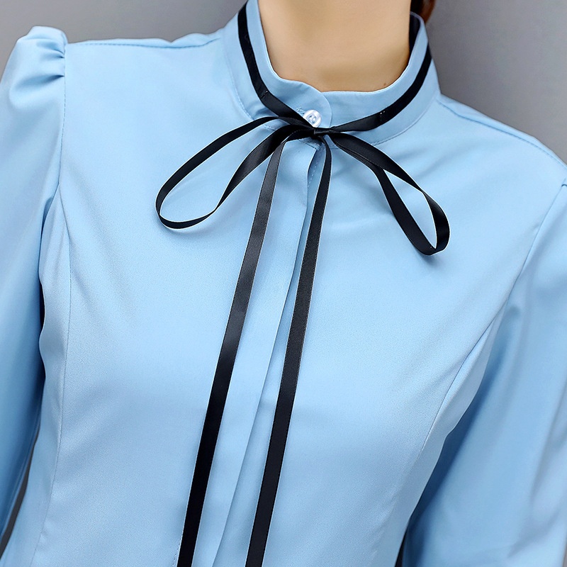 Camicia da donna professionale a maniche lunghe con colletto alto e papillon, stile autunnale, maniche a sbuffo, vestibilità slim._voghion.com