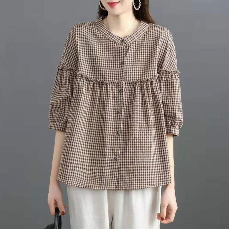 Camisa versátil de talla grande, estilo coreano, 2025, nueva, de lino similar al algodón para mujer, manga tres cuartos, estilo casual holgado._voghion.com