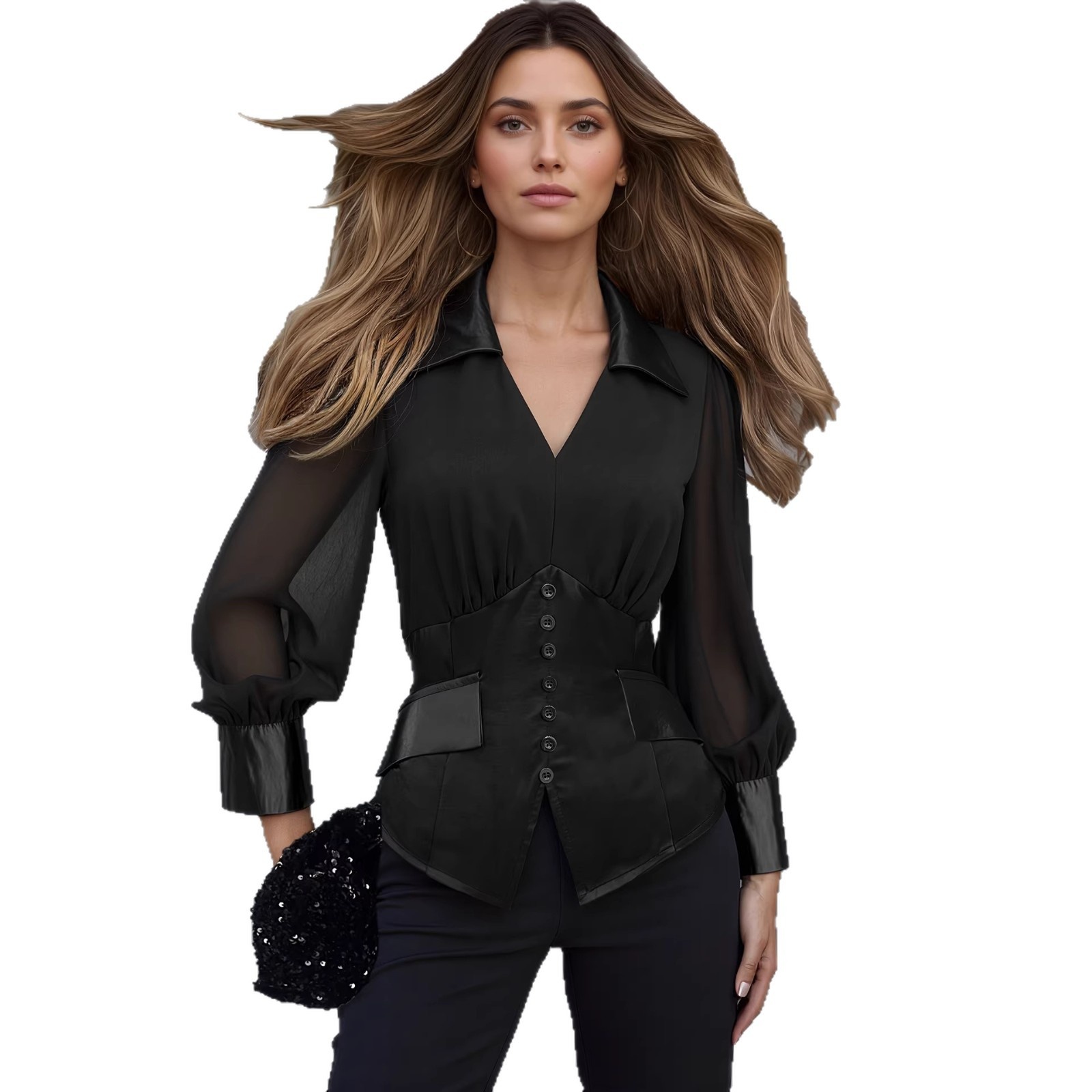 European And American Trendy Women's Shirt In Black Satin With Chiffon Inserts, Long Sleeves, V-neck, French-style Tie,_voghion.com