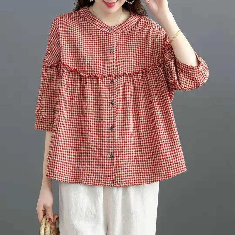 Camisa versátil de talla grande, estilo coreano, 2025, nueva, de lino similar al algodón para mujer, manga tres cuartos, estilo casual holgado._voghion.com