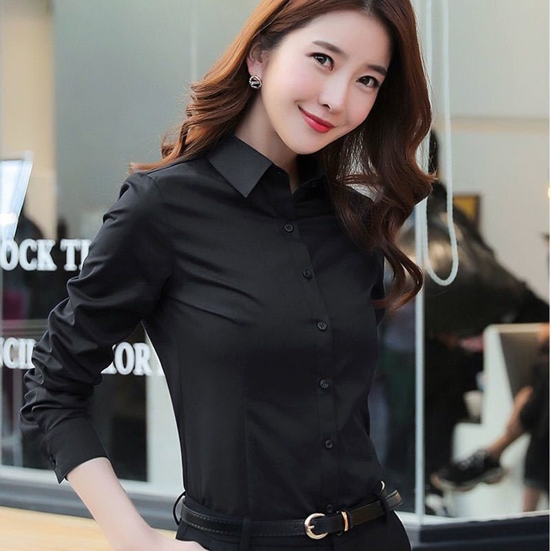 Solid Colour Women's Blouse Korean Style Slim Fit Work Shirt_voghion.com